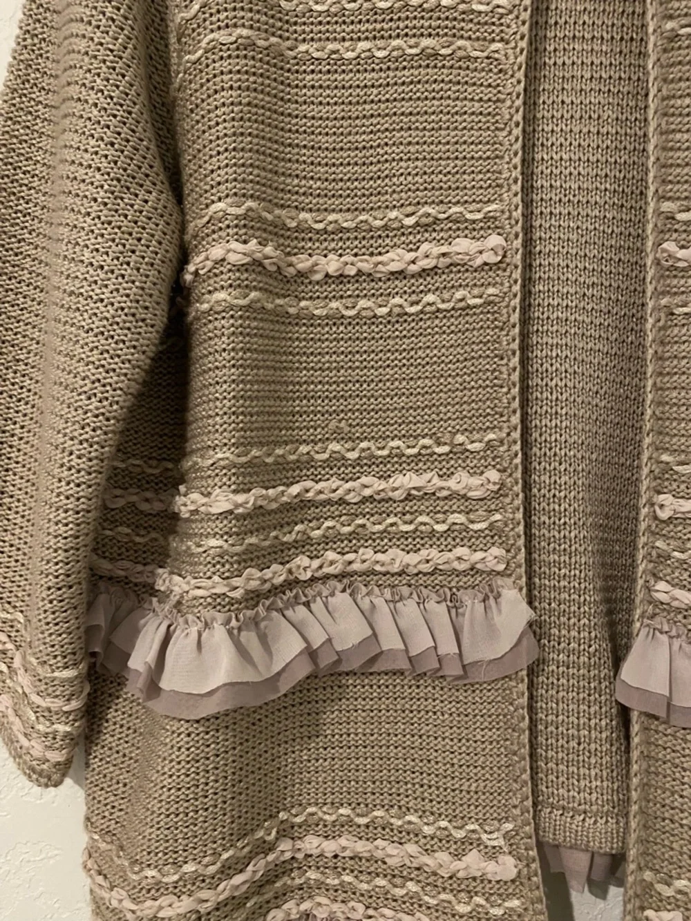 Ruby Rd. Taupe Knit Ruffle-Trim Open Cardigan - Picture 3 of 7